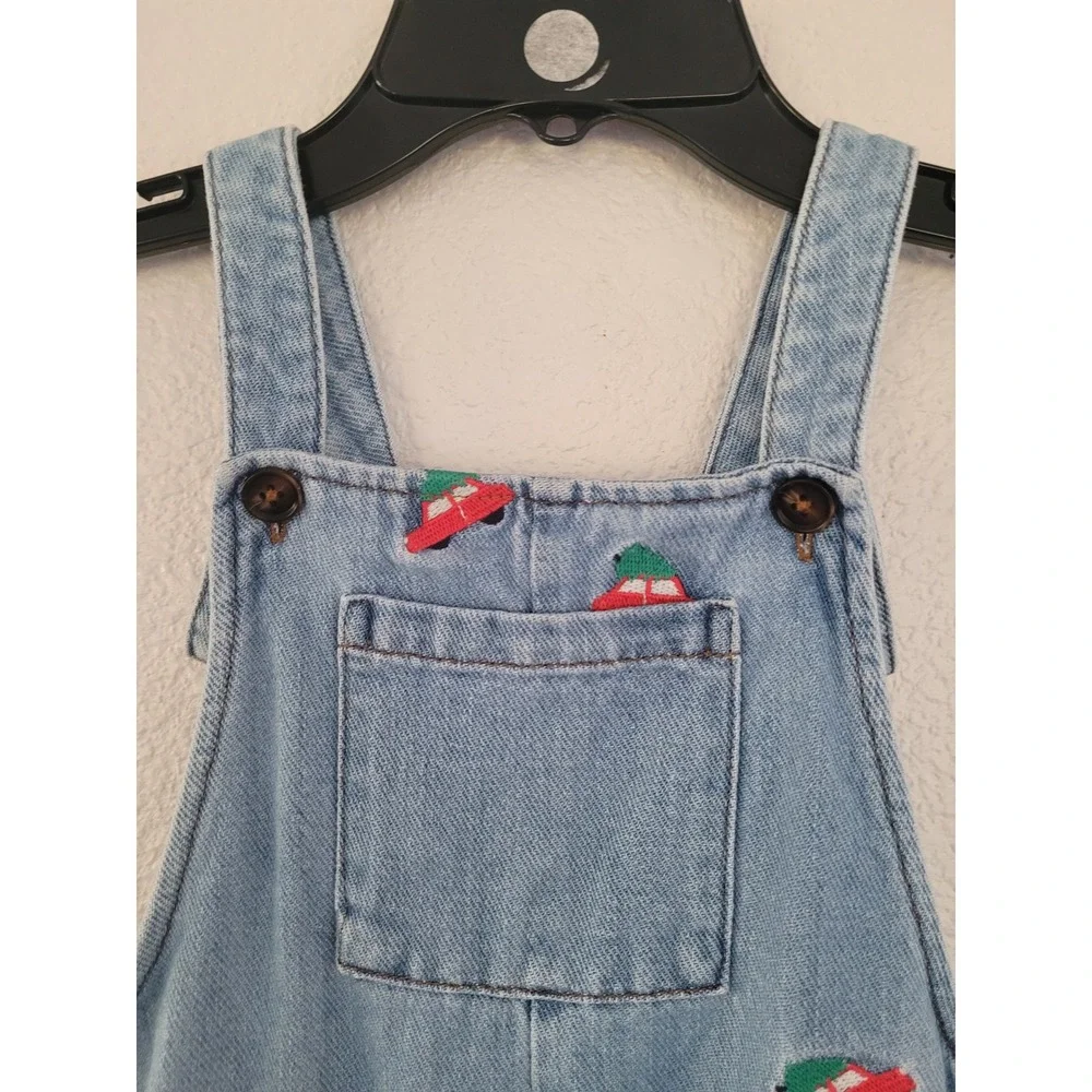 Mini Boden Kids Denim‎ Christmas Tree Car Embroidered Overalls 3-4Y Holiday #7